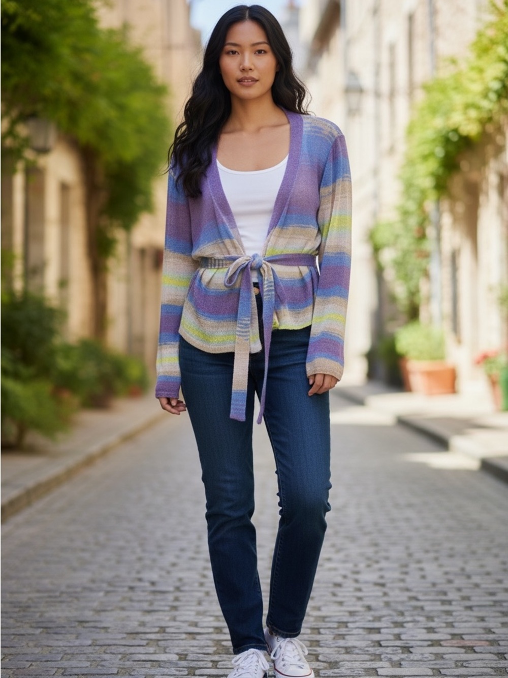 Wild Honey Striped Knit Cardigan in Lavender, Sky Blue & Cream
